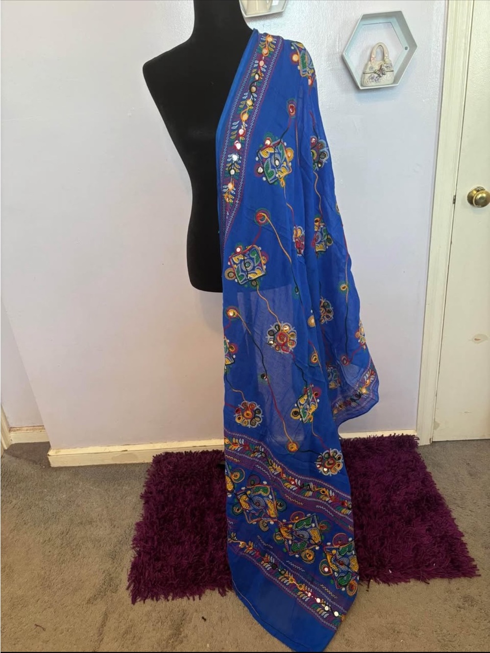 indian cotton dupatta orange and Blue Embroidered design